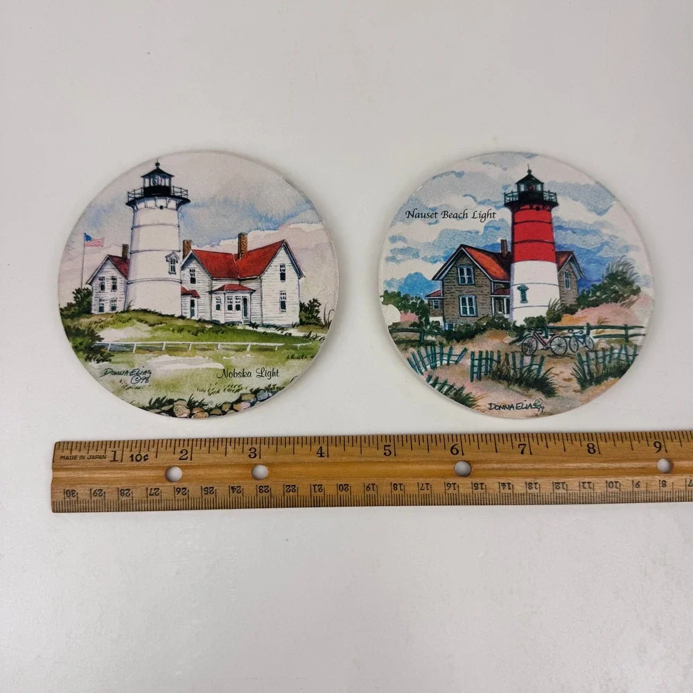 Donna Elias Art Nauset Beach Nobska Light House Round Coaster Stone Beach Theme